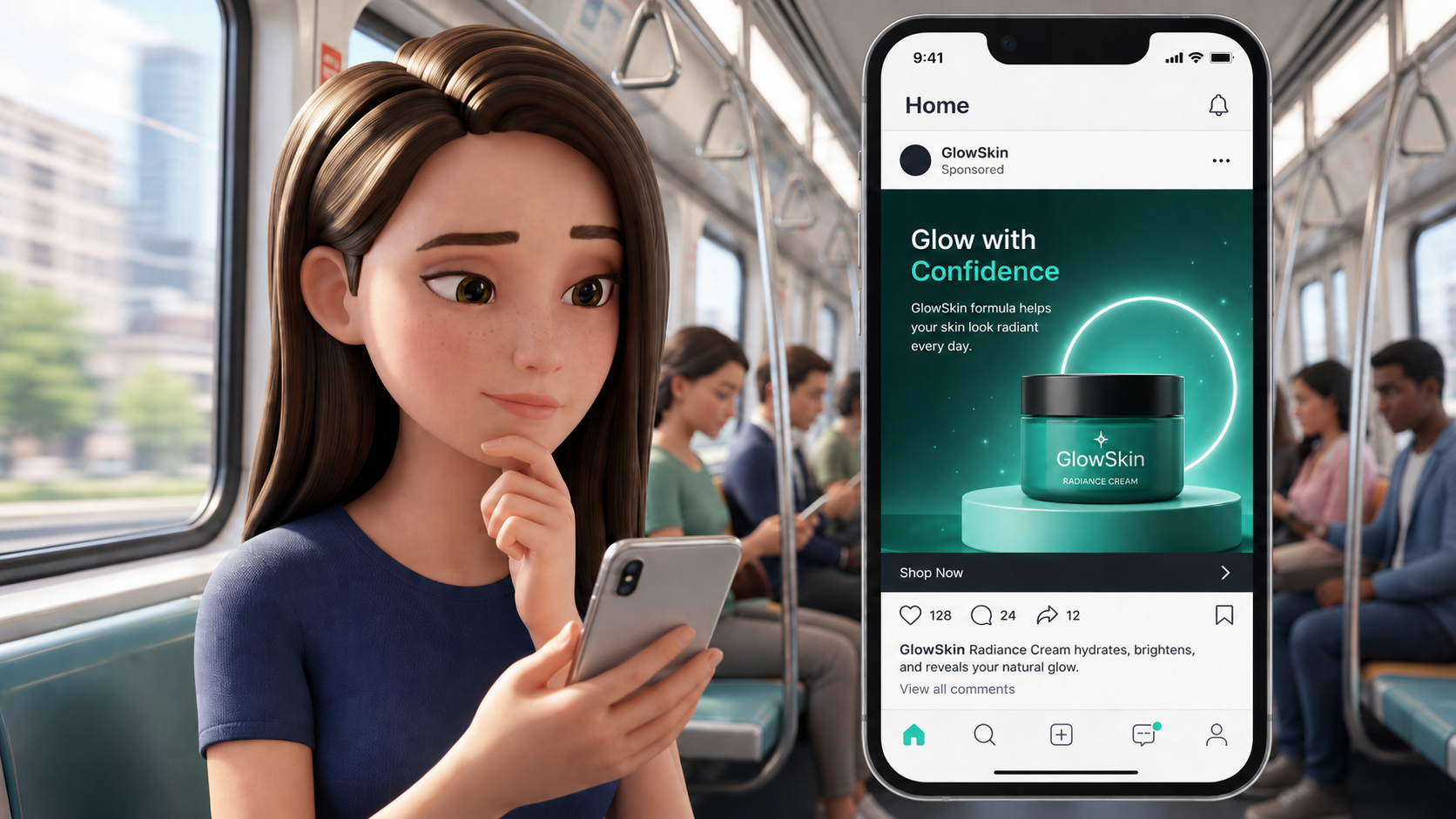 Sarah on the subway, looking at a GlowSkin Instagram ad on her phone