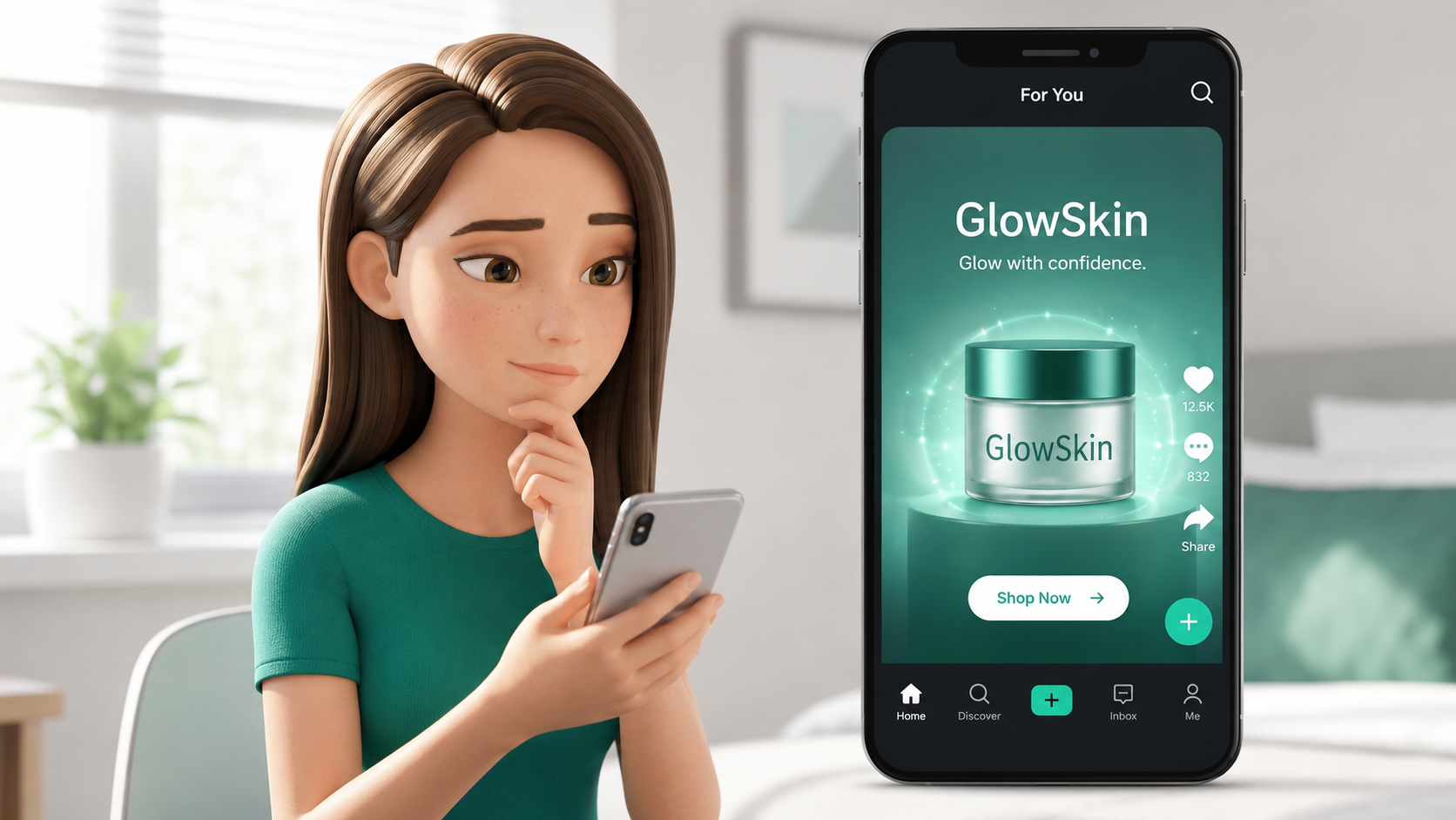 Sarah holding her phone, scrolling past a GlowSkin TikTok in-feed ad