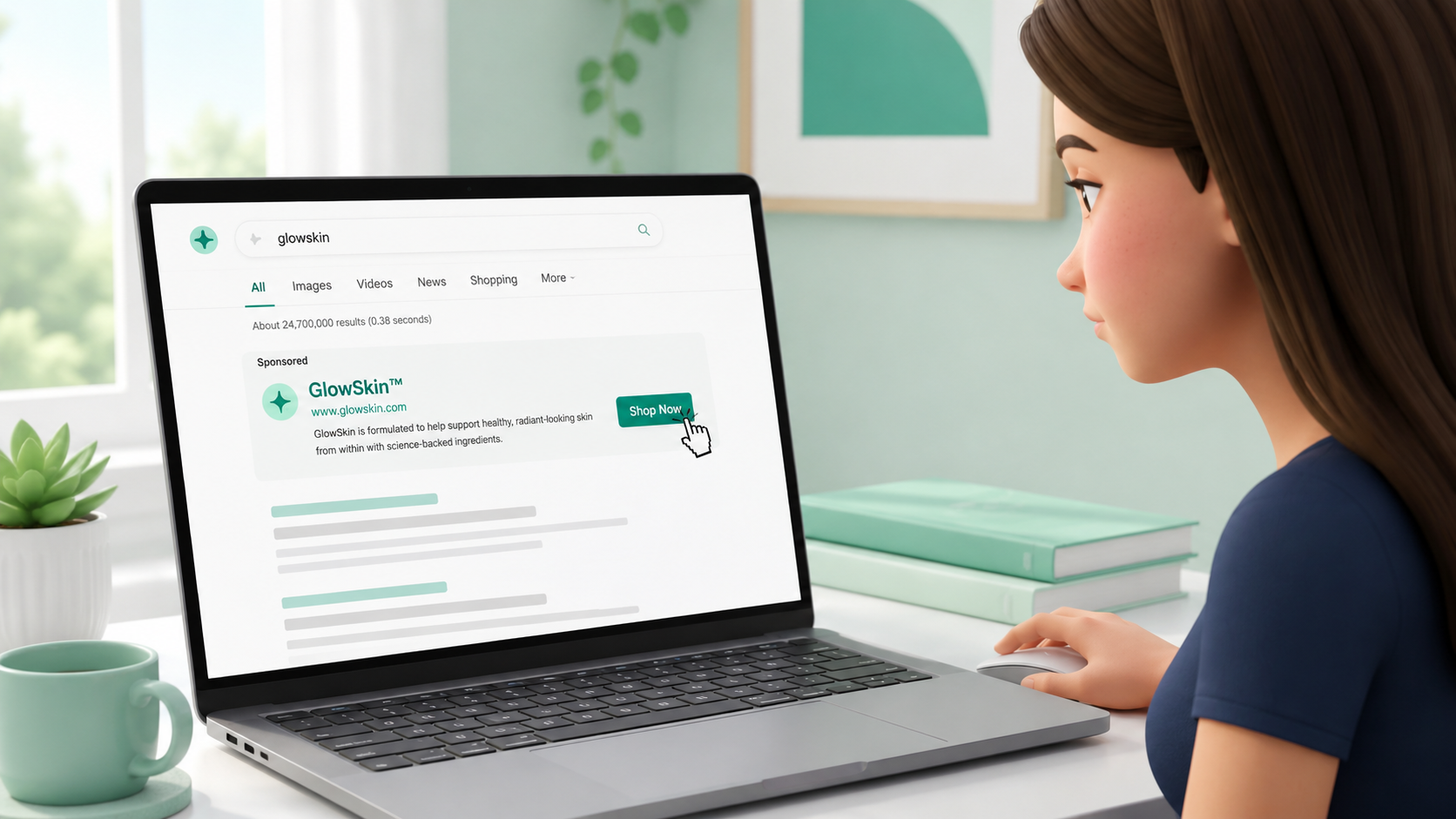 Sarah at her desk, clicking GlowSkin's branded result on Google search